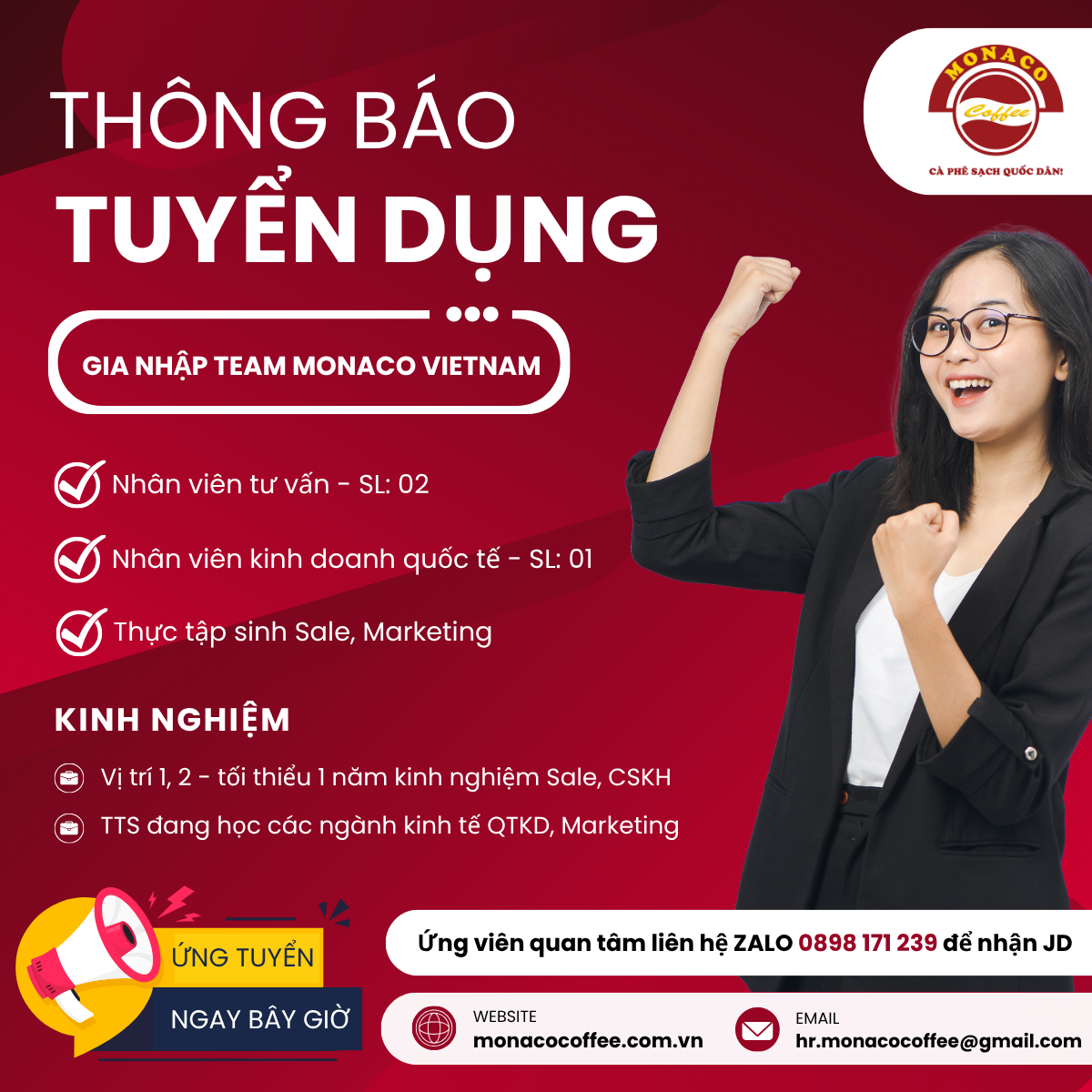 Monaco Coffee tuyển dụng nhân viên văn phòng trong tháng 6