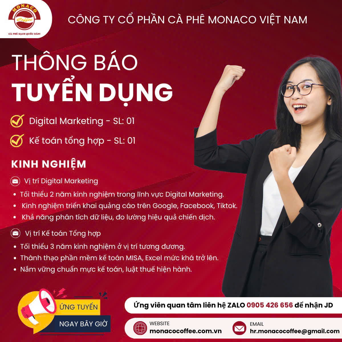Monaco Coffee tuyển dụng gấp nhân viên văn phòng trong tháng 6